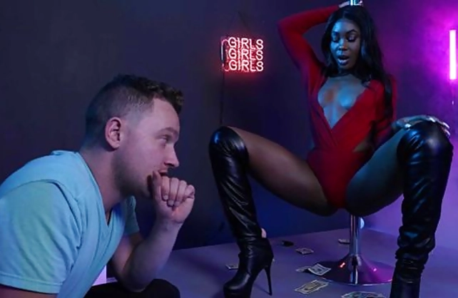 Rich guy oils black stripper's awesome butt and fucks naked pussy