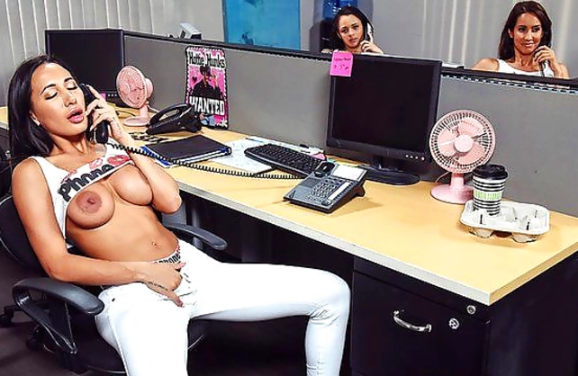 Phone sex operator leaves work to take a naked penis in excited pussy