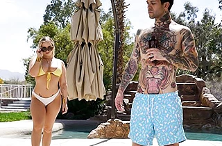 Voluptuous blonde was tanning naked when a tattooed guy came over
