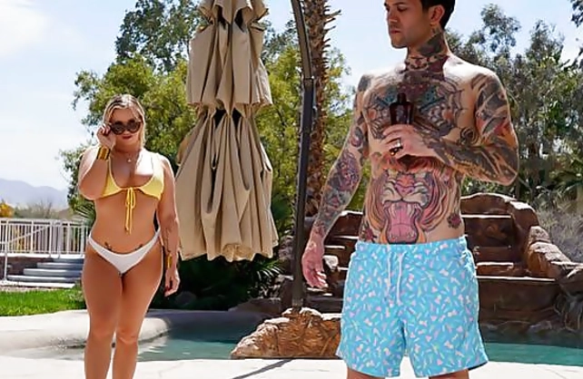 Voluptuous blonde was tanning naked when a tattooed guy came over