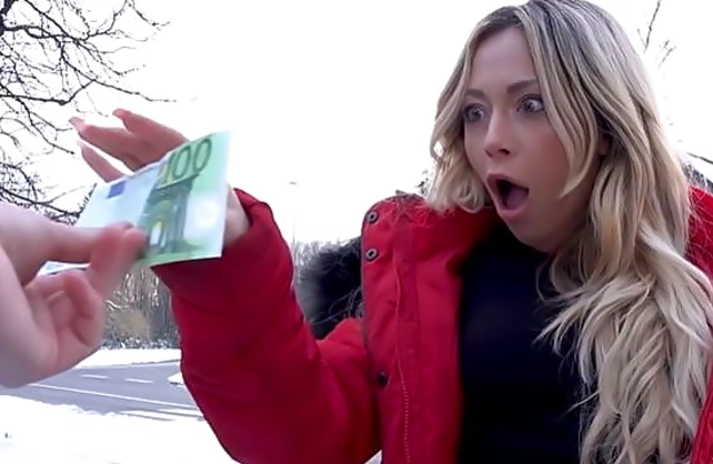 Bubbly blonde takes the money and shows the stranger her naked body