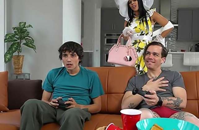 Playful stepmom lures her son's naked buddy into pounding her ass