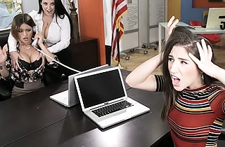Horny busty manager puts sex toy into lavish employees' naked rears