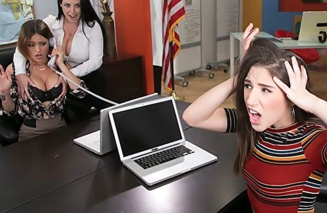 Horny busty manager puts sex toy into lavish employees' naked rears