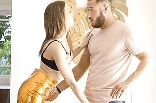 Slender brunette analyzed with bulge belonging to naked stallion