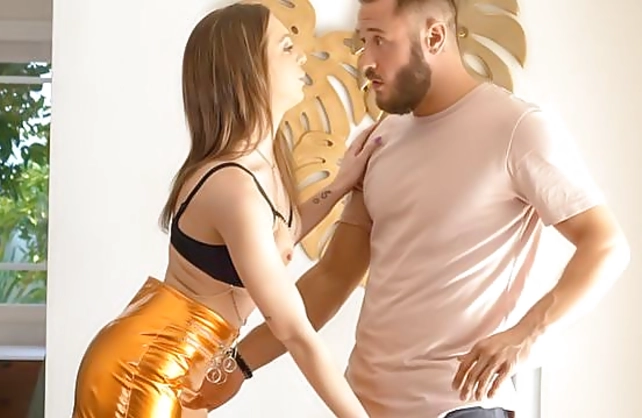 Slender brunette analyzed with bulge belonging to naked stallion