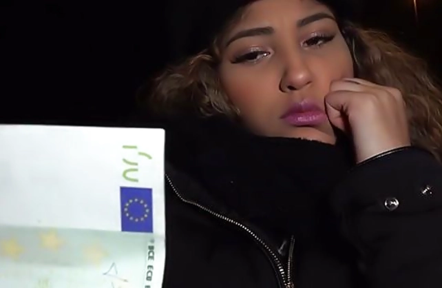 Curly Latina shows boobs for money then she practices naked sex