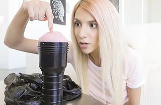 Teen teases stepdad using artificial vagina and has naked bareback