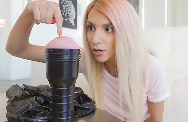 Teen teases stepdad using artificial vagina and has naked bareback