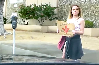 Driver stops the car to fuck naked pussy of chick with nipple piercing