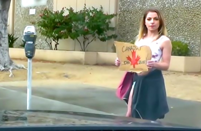 Driver stops the car to fuck naked pussy of chick with nipple piercing