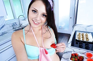 Steamy chick with headband fools around with naked boyfriend in kitchen