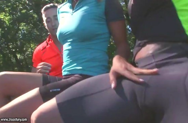 Two sporty hunks enjoy wild threesome with a naked slender whore