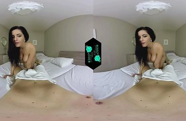 Relaxed guy has his dick touched by naked brunette GF in VR video