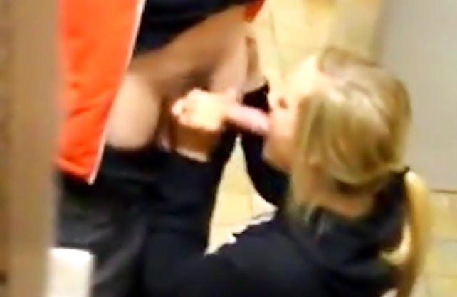 Beautiful cock gets in mouth and pussy of a naked girl in public restroom