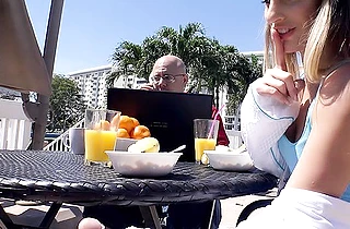 Naked girl grabs young man's sexy dick at the festive table for fucking