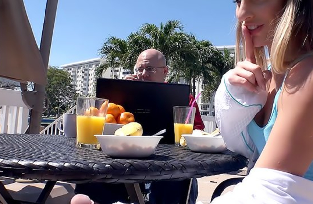 Naked girl grabs young man's sexy dick at the festive table for fucking