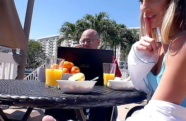 Naked girl grabs young man's sexy dick at the festive table for fucking