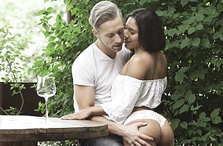 Handsome guy and tiny naked girl arrange beautiful anal sex on patio