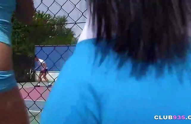 Tennis players end hot game and have group sex with four naked girls