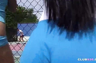 After hard game hot tennis players have fun with four naked girls