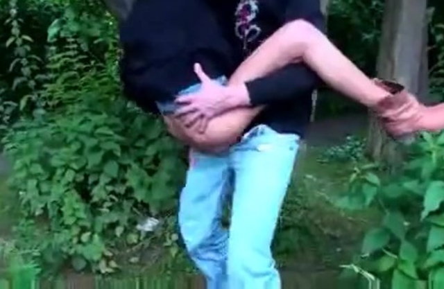 Skinny beautiful MILF rides cock in forest like one young naked girl