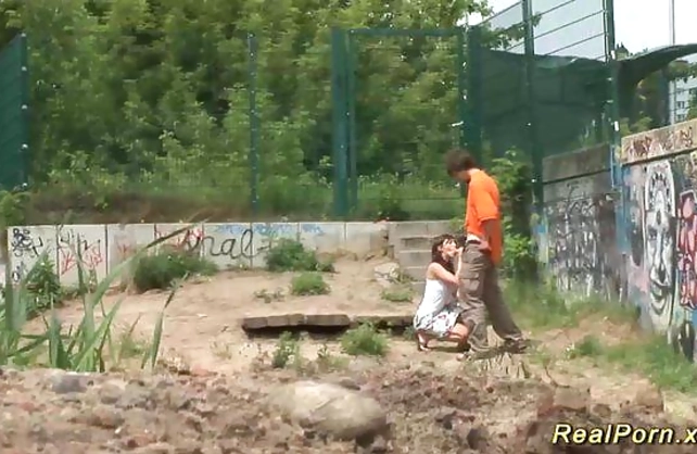 Lucky stud fucks outdoors hot naked girl and fills her mouth with jizz