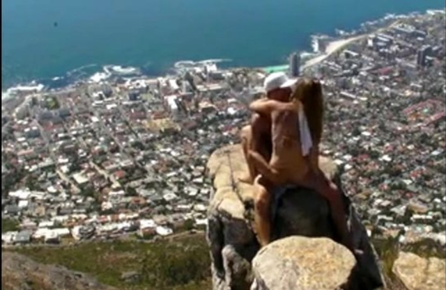 Beautiful landscape motivates gal with naked boobs and man to have sex