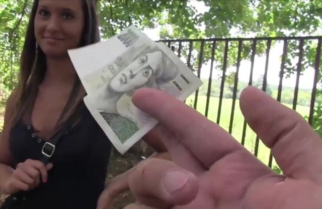 For cash beautiful gal with naked boobs agrees to have sex with stranger