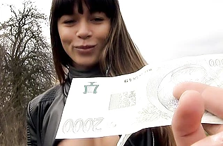 Guy with camera manages to fuck sexy naked girl for money in the forest