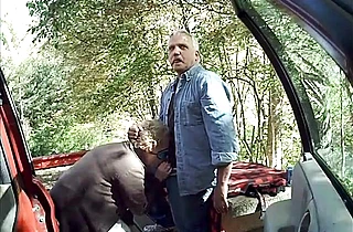 Grey-haired man fucks naked girl after hot cocksucking on camera