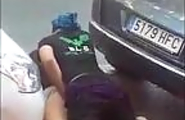 Voyeur films guy in bandana fucking sexy naked girl between cars