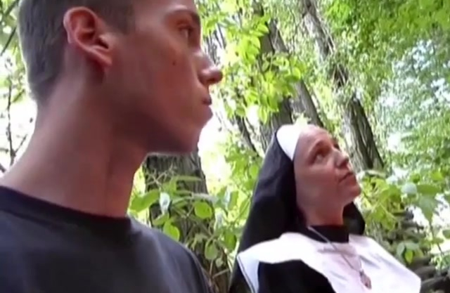 After sex beautiful naked girl in nun costume has fun with a condom