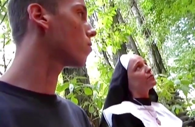 After sex beautiful naked girl in nun costume has fun with a condom