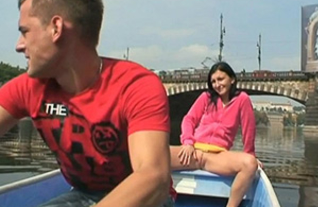 Lad in red T-shirt fucks naked girl with hot small titties on the boat