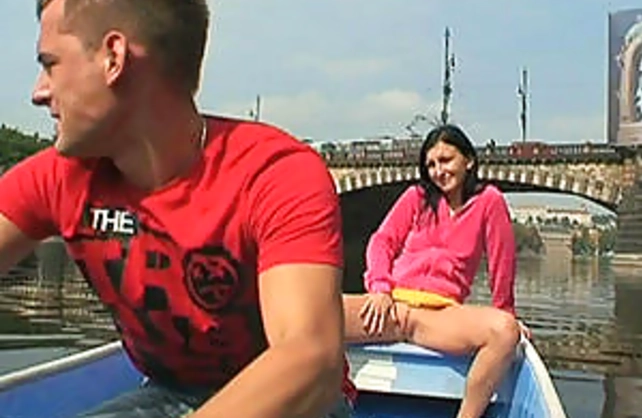 Lad in red T-shirt fucks naked girl with hot small titties on the boat