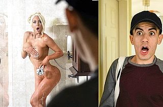 Beautiful naked woman seduced a paperboy after she caught him in her shower