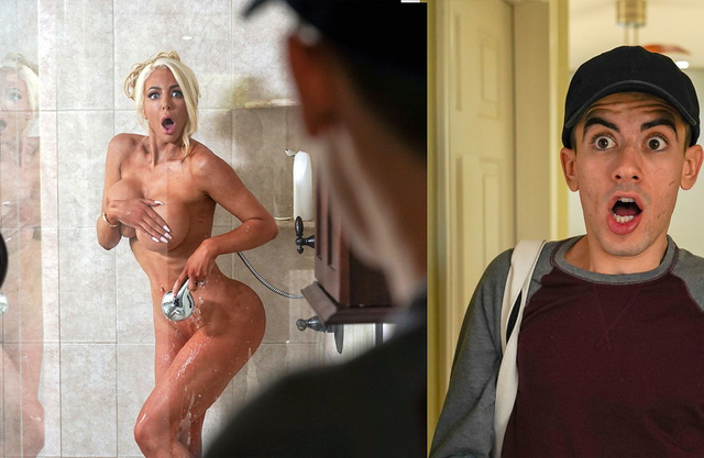 Beautiful naked woman seduced a paperboy after she caught him in her shower