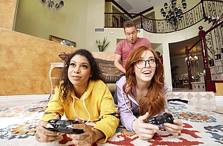 Bisexual gamer-girl licks ebony before crazy threeway with big cock