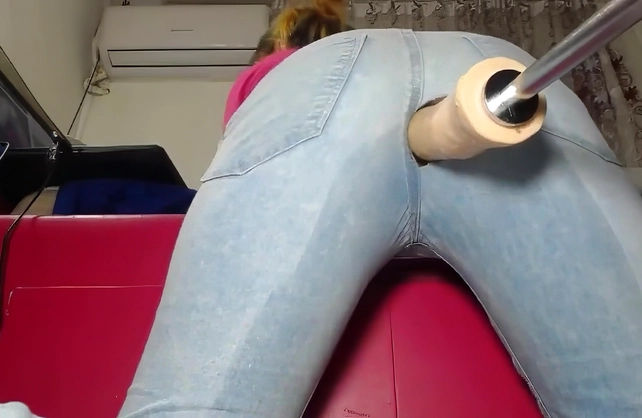 Amateur webcam babe having her jeans ripped off by fuck machine