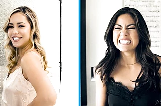 Busty babes Alina and Kendra passionately lick and grind pussies