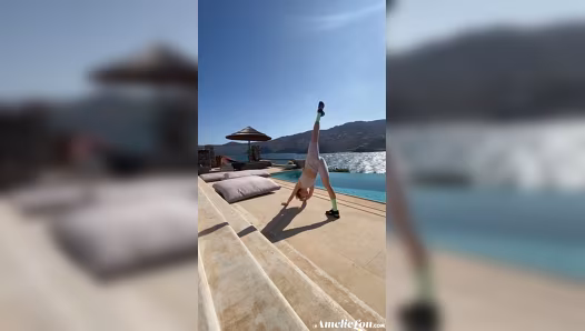 Sweet gal flaunts perfect naked figure during her exercise routine