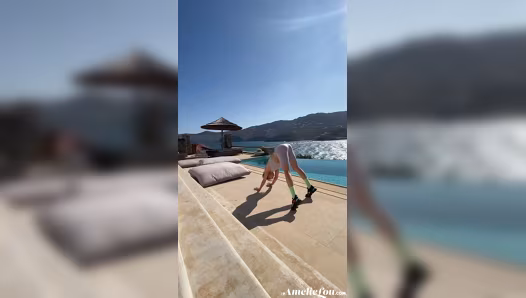 Sweet gal flaunts perfect naked figure during her exercise routine