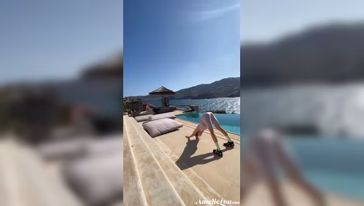 Sweet gal flaunts perfect naked figure during her exercise routine