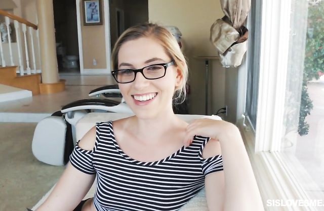 Appealing blonde with sexy glasses, amazing nude blowjob in POV