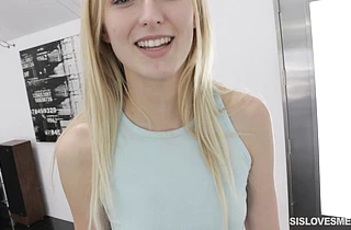 Naked blonde gets a strong dick to work magic on her tiny pussy hole