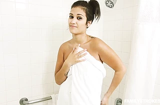 Naked babe steps out of the shower to suck cock in really hot manners