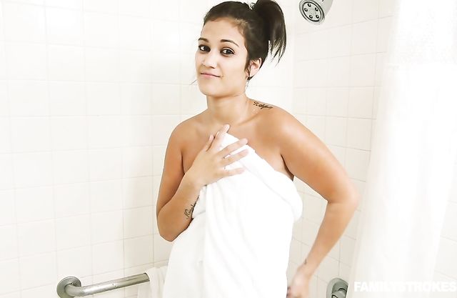 Naked babe steps out of the shower to suck cock in really hot manners
