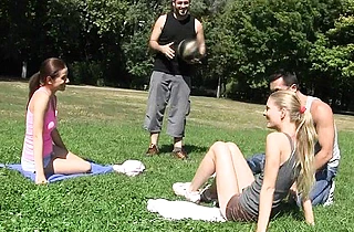 Naked girls get a massage from studs after exercise and have fun