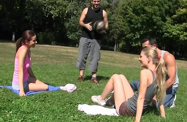 Naked girls get a massage from studs after exercise and have fun